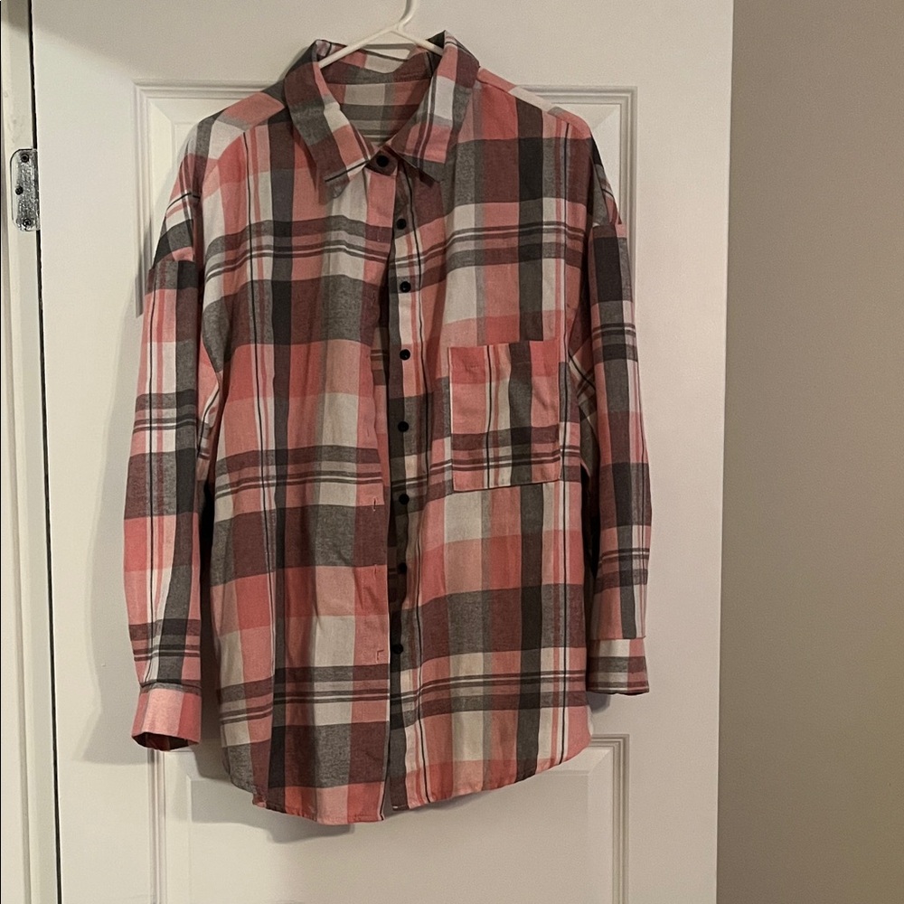 SHEIN Women's Pink and Gray Plaid Button Down Shirt
